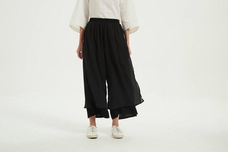 Minibee Women's Wide Leg Pants Loose Layer Capris Palazzo Elastic Waist Trousers Black L - Image 3